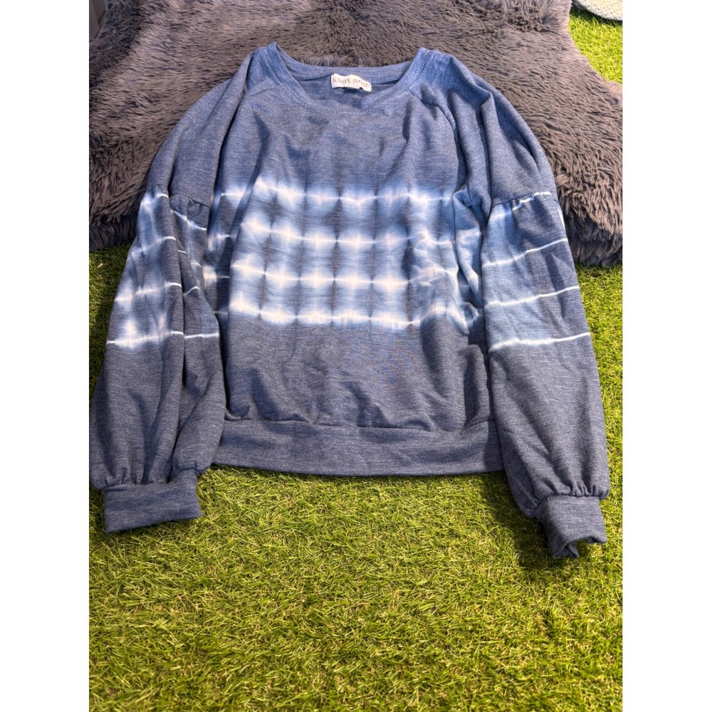 Knox Rose Womens Blue Tie Dye Pullover Top Long Balloon Sleeves Comfy Medium